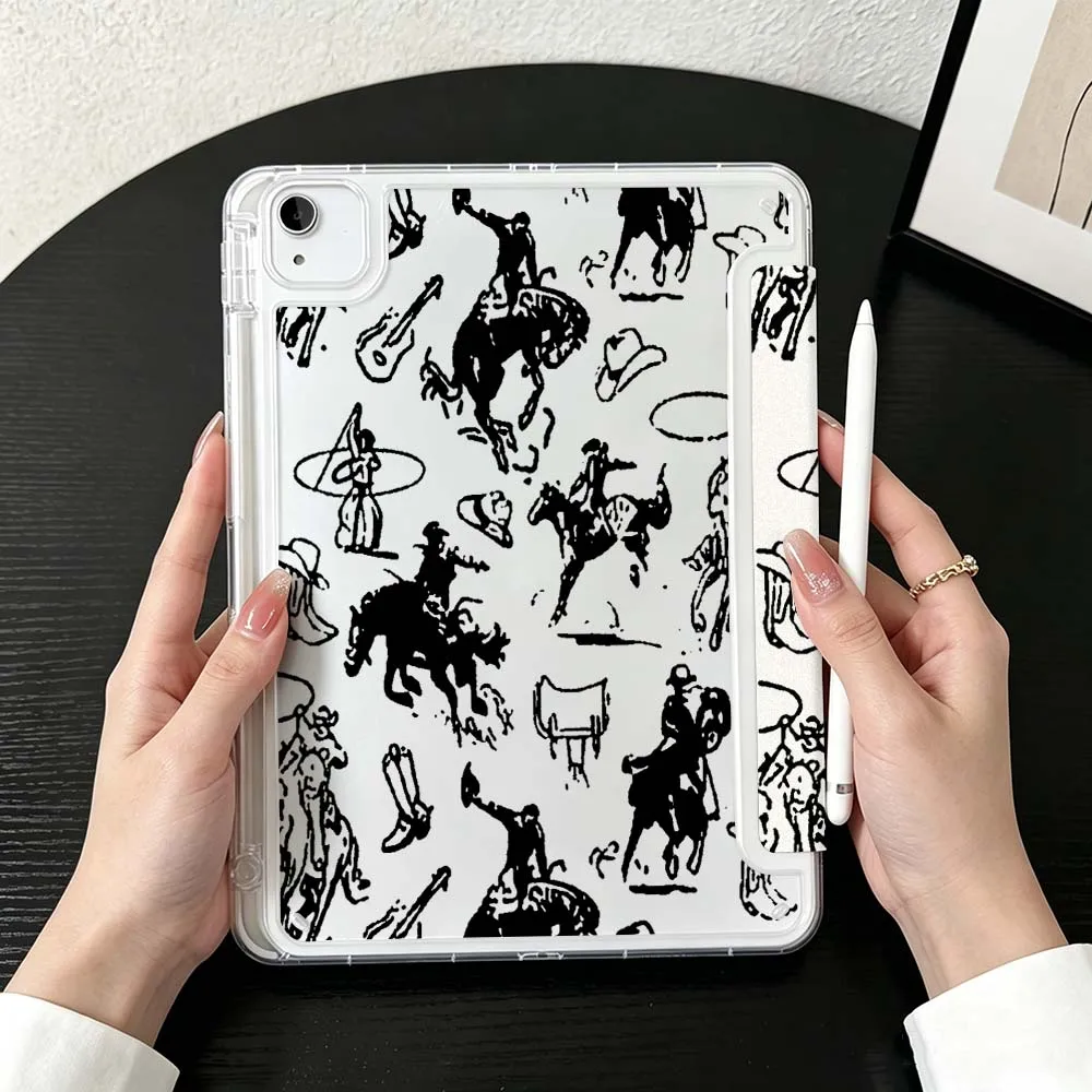 Cowboy Boot Pattern Case For iPad Mini Pro Air 5 6 7 8 9 10th 11th 11 9.7 10.9 13 inch Transparent Y-Shaped Folding Tablet