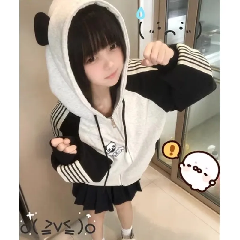 

Y2K Black Panda Sportwear Hoodie with Hooded Women's Subculture Cute Coat Kawaii Sweet Harajuku Autumn 2024 Casual Sweatshirts