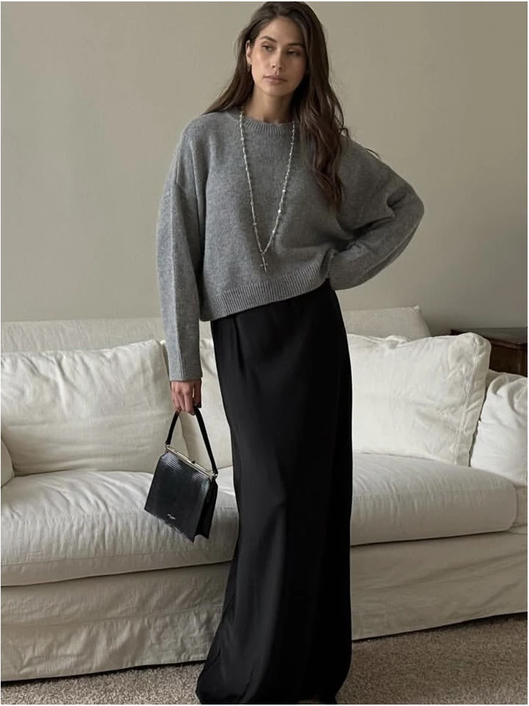 FSMG Fashion Solid knitted O-Neck Sweater For Women Loose Full Sleeves High Waist Pullovers Female Casual Thick Warm Soft Tops