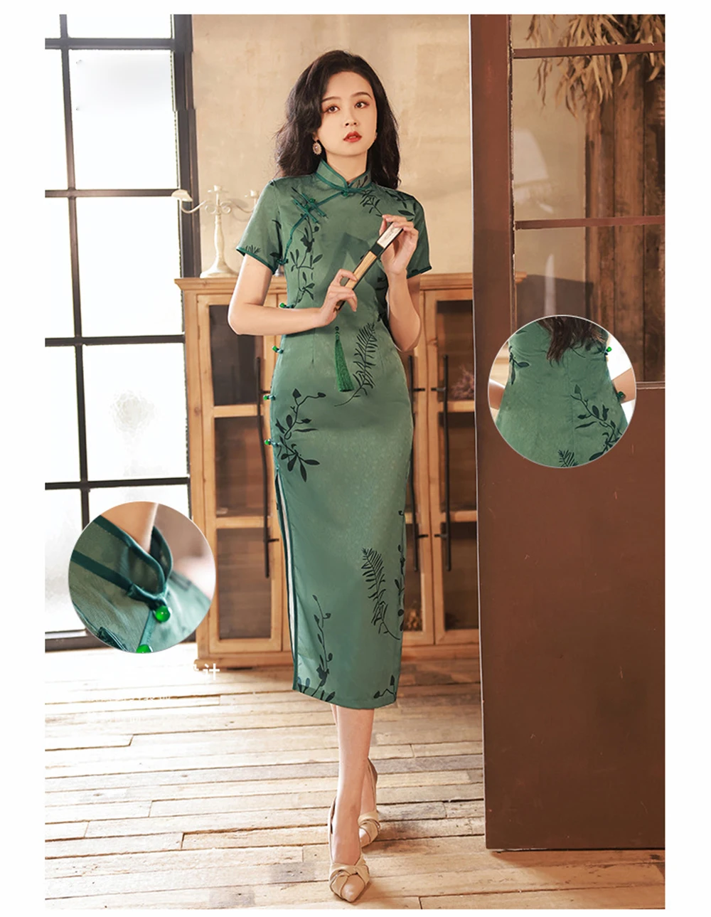 Long Chiffon Cheongsam Vintage Old Shanghai Green Printed Dress Summer Daily Elegant Chinese Traditional Banquet Qipao Chinoise