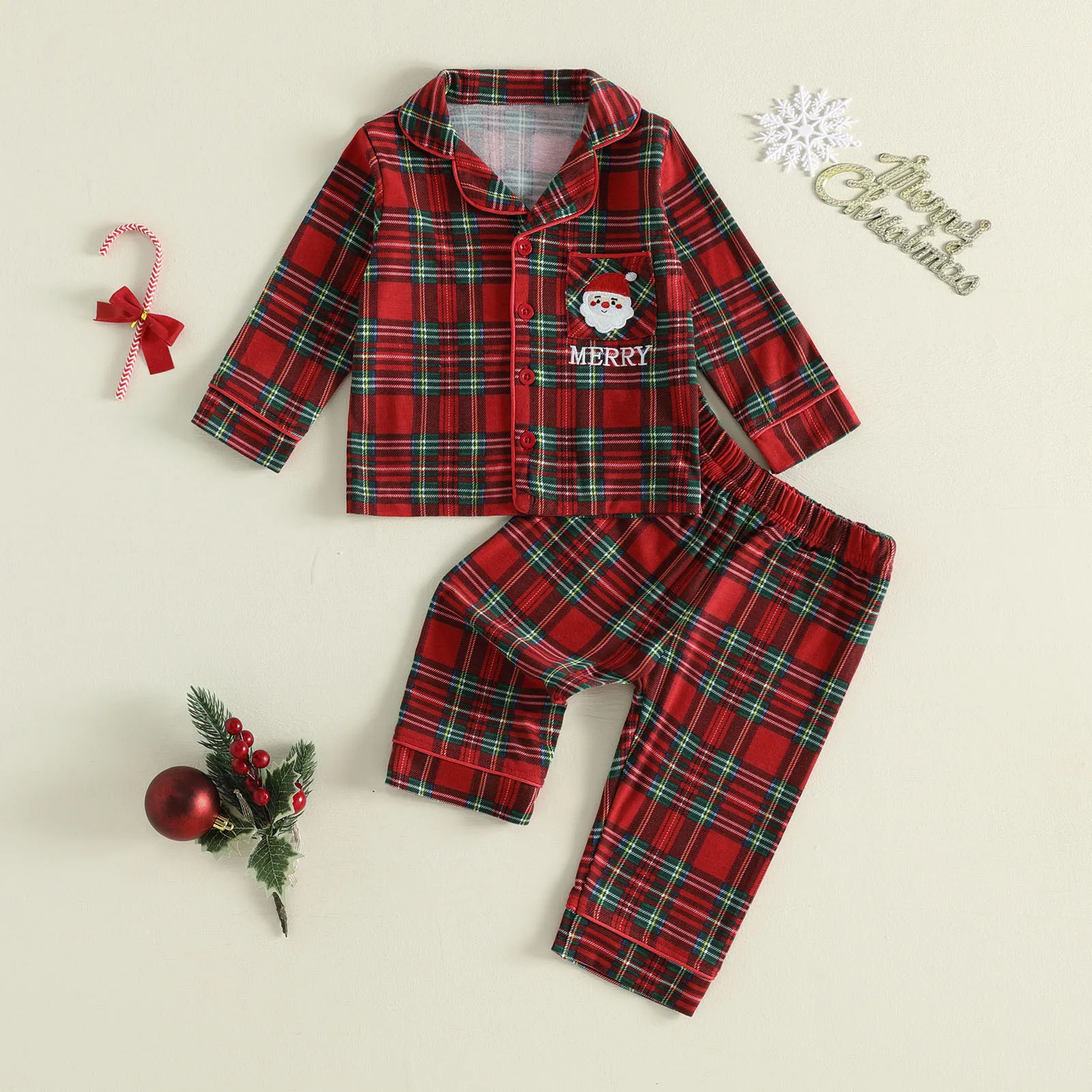 1-5Y Little Boy Christmas Pajamas Set Plaid Long Sleeve Button-up Shirt Tops Pants Xmas Pjs Sleepwear Homewear