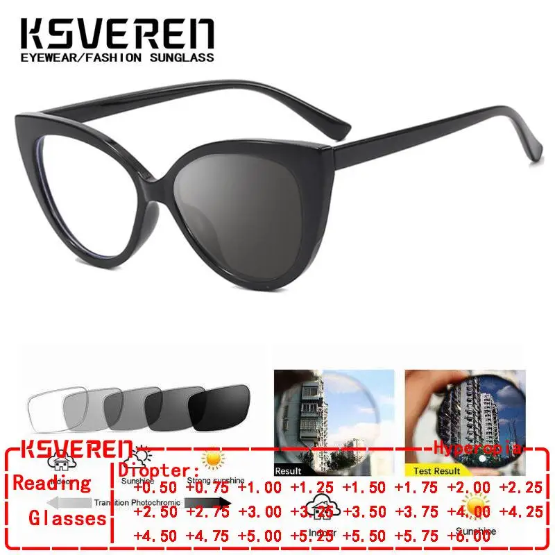 

KSVEREN TR90 Frame Photochromic Reading Glasses Women Fashion Prescription glasses Cat Eye Sunglasses +1.00 +1.25 +2.25 +4.75