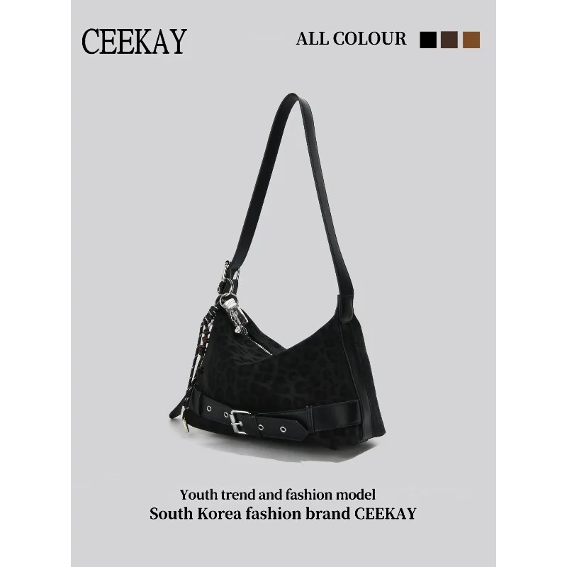 2026 Neue CEEKAY Leopardenmuster Schultertasche, Y2K-Stil Hobo-Tasche mit Gürtelschnallen-Dekor, Lässige Unterarmtasche für Damen Handtasche