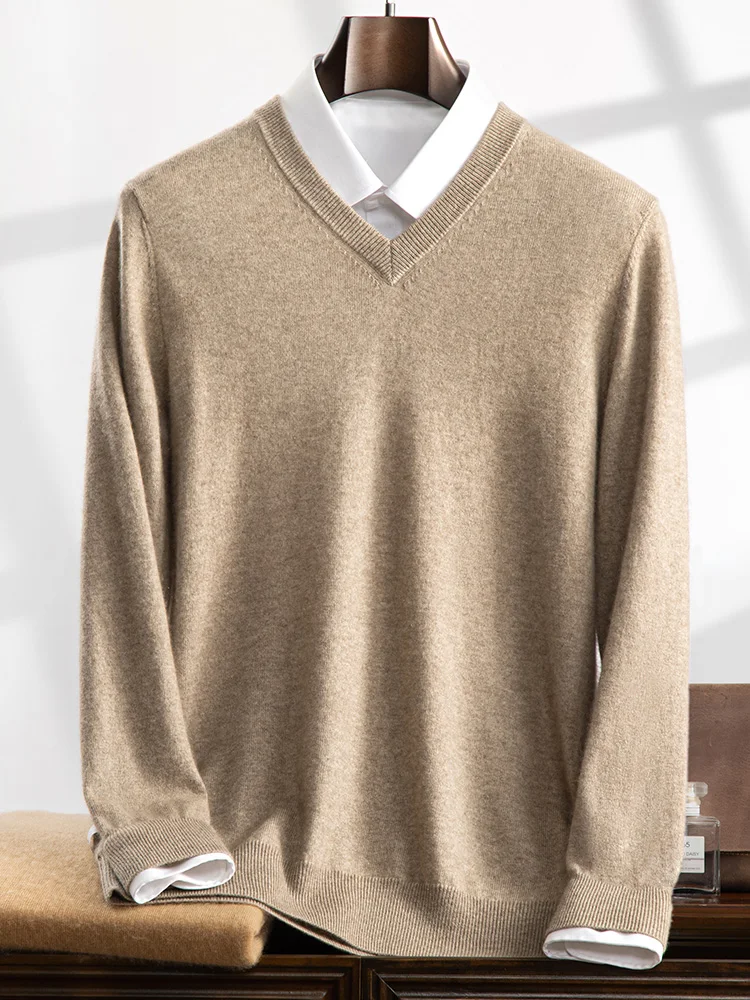 

High Quality New Men Sweaters 100% Cashmere Spring Autumn Fashion V-Neck Long Sleeve T-shirt Large Size Knitwear Men Pullover