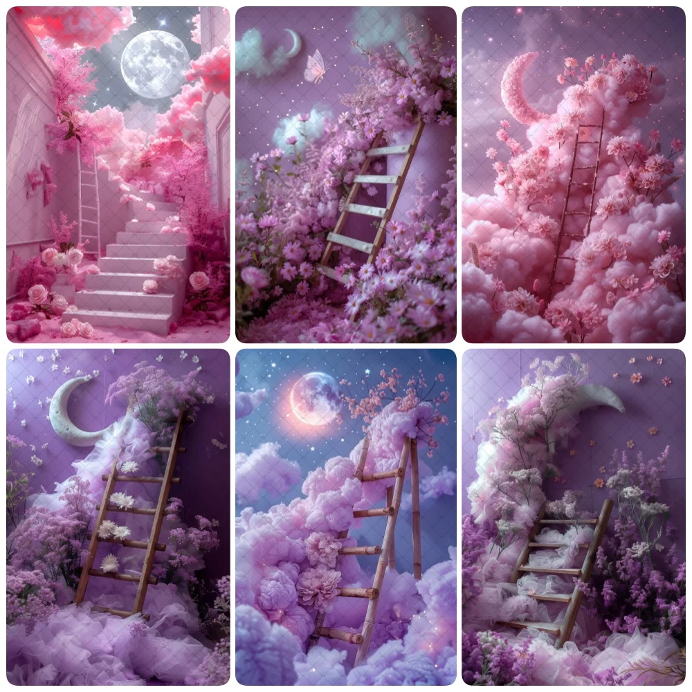 Photography Background Baby Shower Moon Fantasy Pink Purple Good Night Scaling Ladder Portrait Photo Backdrop Photocall Props