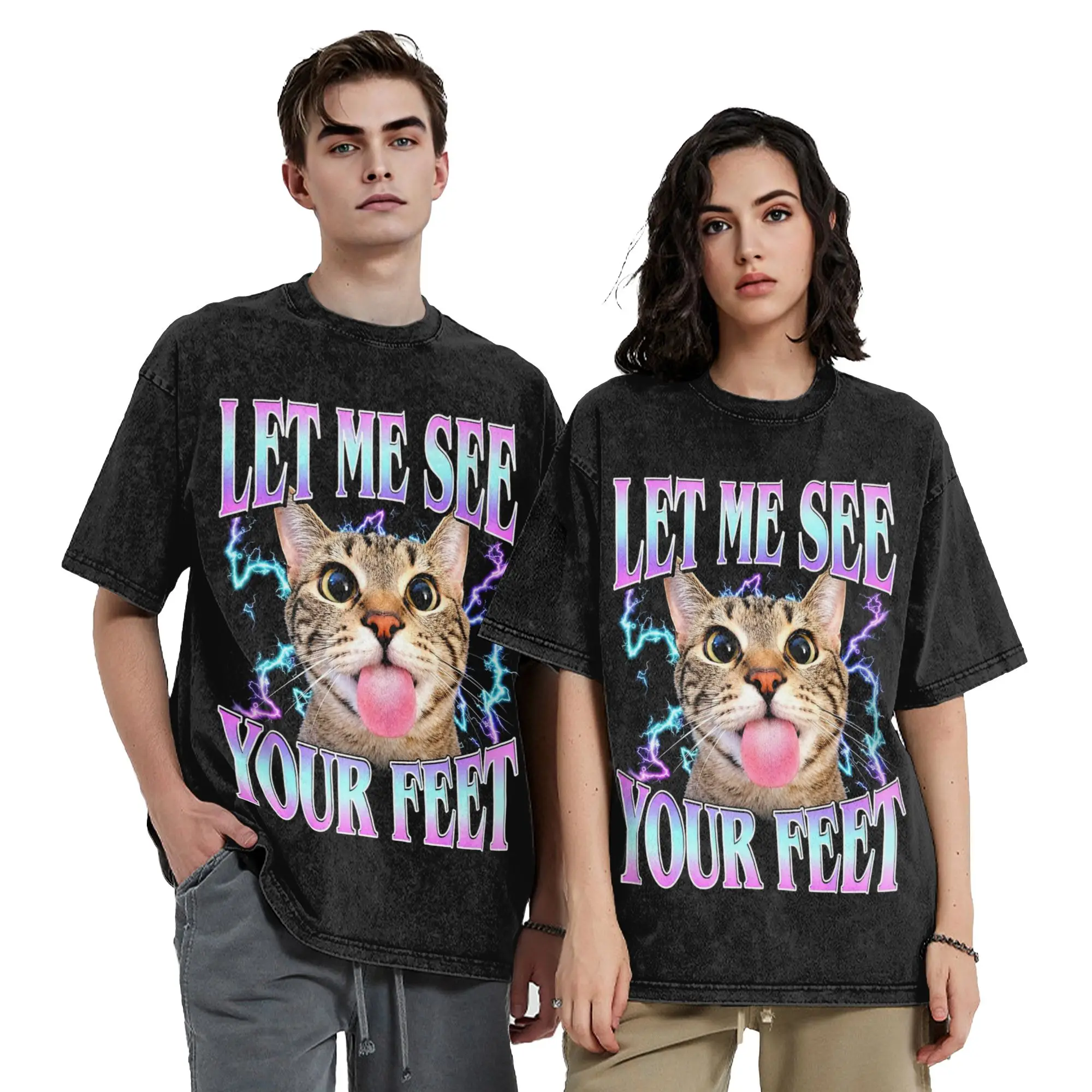 Washed T Shirt Let Me See Your Feet Silly Kitten Meme Hip Hop Vintage T-Shirts Harajuku  Streetwear Tops Tee Shirt Men Women