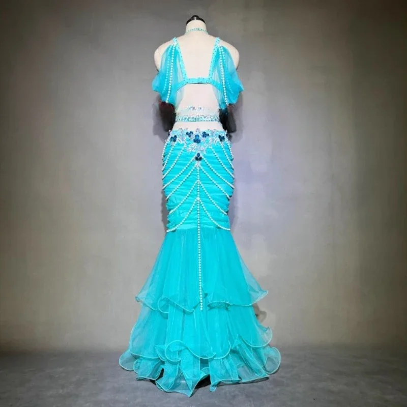 BellyDance Set Dames Aangepaste Luxe Strass Bh + Prachtige Parel Fishtail Rok 2 Stuks Oosterse Dansvoorstelling Kleding