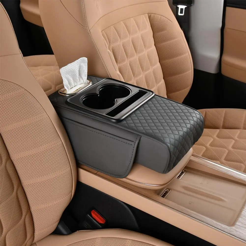 Car Center Console Armrest Cushion Thicken Arm Rest Box Pad Side Extension Cushion With Cup Holder Tissue Box Organizer Bag