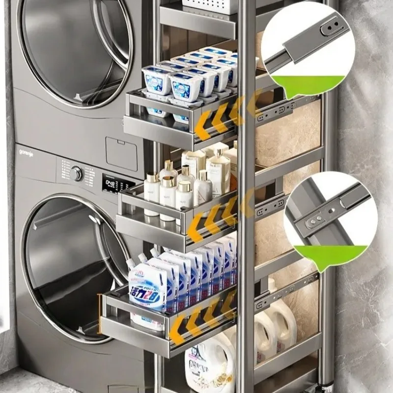 Stainless Steel Rolling Storage Rack Pull-Out Bathroom&Balcony Organizer Multi-Layer Shelf for Washing Machine Gap, Space Saving