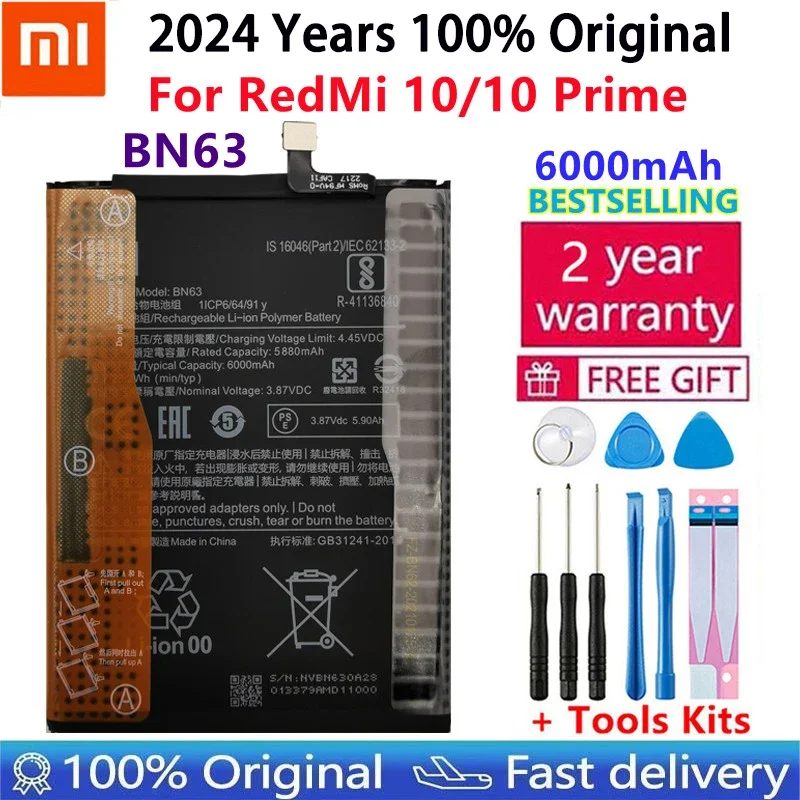 

100% Original New High Quality Replacement BN63 6000mAh Battery For Xiaomi RedMi 10 / 10 PRIME Phone Rechargeable Batteries