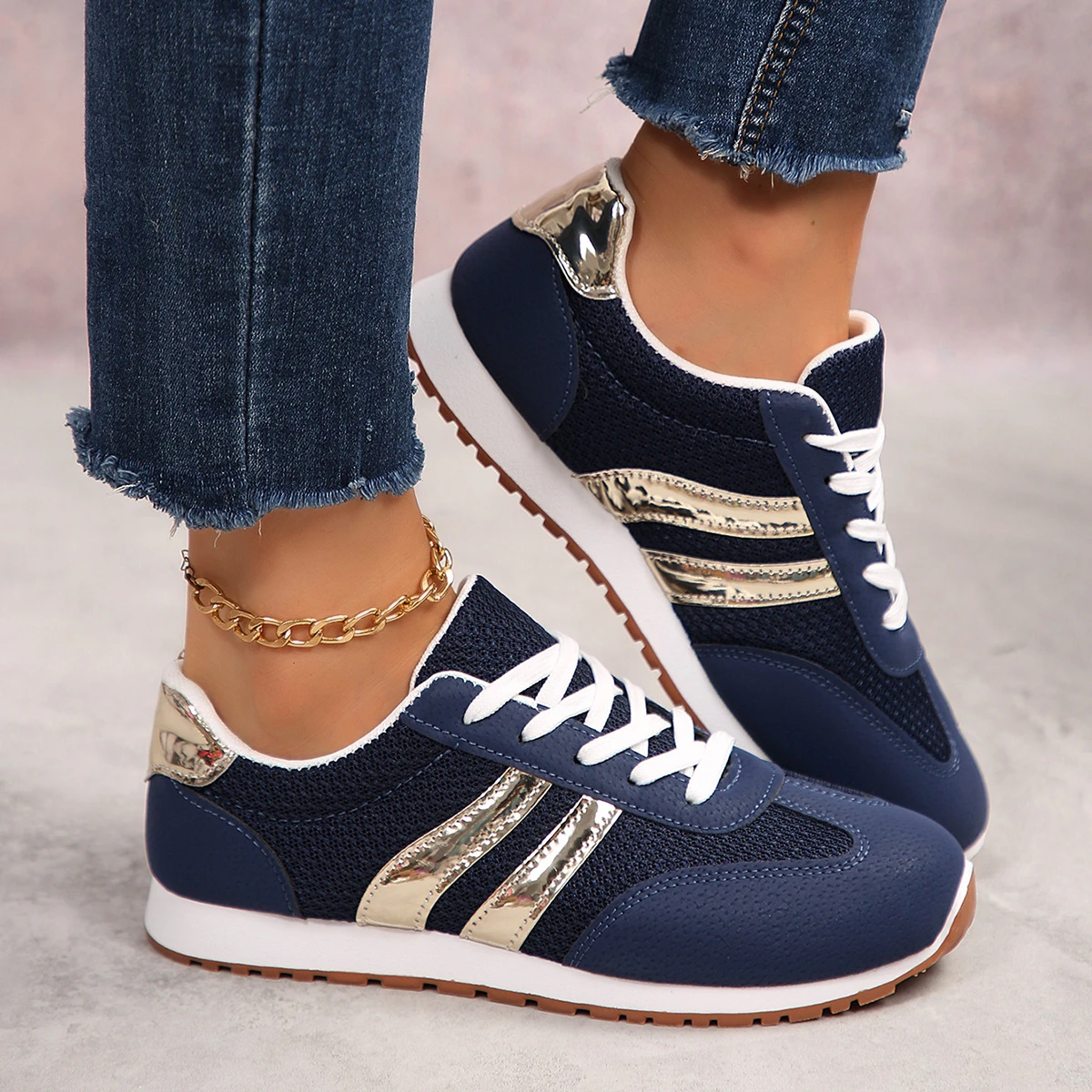 Blue Sports Shoes Summer New Round Head Color Matching Sneakers Lace-up Soft Sole Anti-slip Wear-resistant Flat image 5