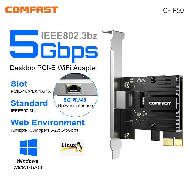 COMFAST 5G PCI-E To RJ45 Network Card RTL8126 1G/2.5G/5G RJ45 Interface Gigabit Ethernet PCI Express Wlan Adapter Win7 8 10 11