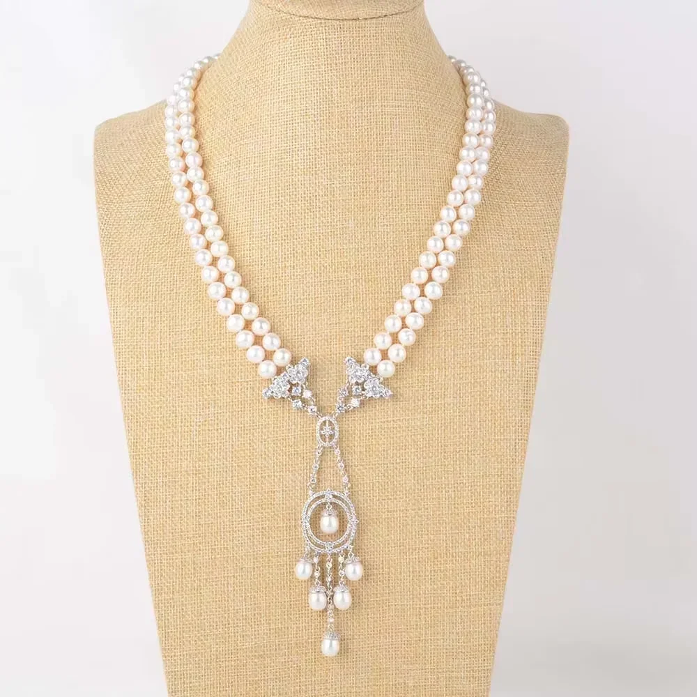 

2 Strands Freshwater Cultured White Pearl Cubic Zirconia Pave Tassel Pendant Handmade For Women
