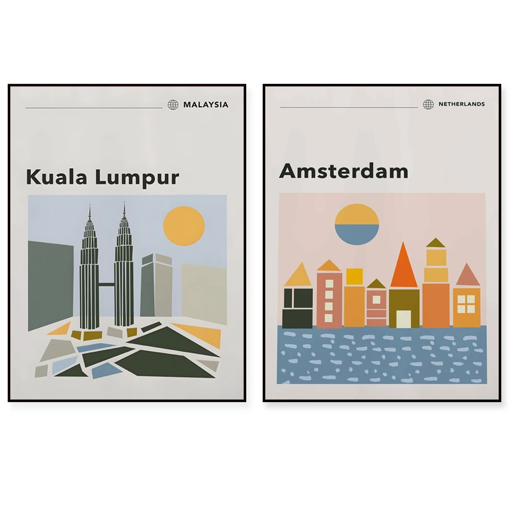 Sintra Portugal, Amsterdam Netherlands, Kuala Lumpur Malaysia skyline minimalism travel poster, mid century modern bauhaus poste