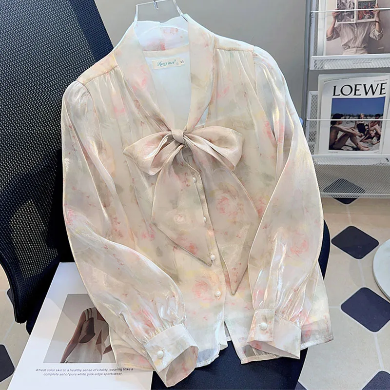 

Женская блузка-рубашка, новая шифоновая рубашка с длинным рукавом и воротником-бабочкой, блузка, женские топы, блузки, рубашки Blusas Para Mujer 2025 Q624