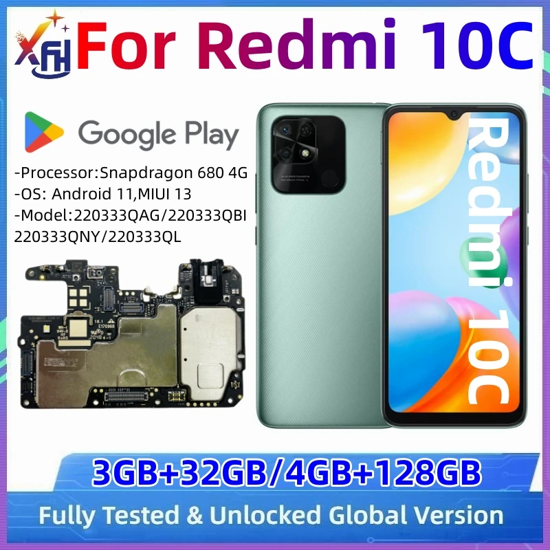 64GB 128GB Unlocked Mainboard MB For Xiaomi Redmi 10C Motherboard PCB Module Original Logic Board With Full Chips