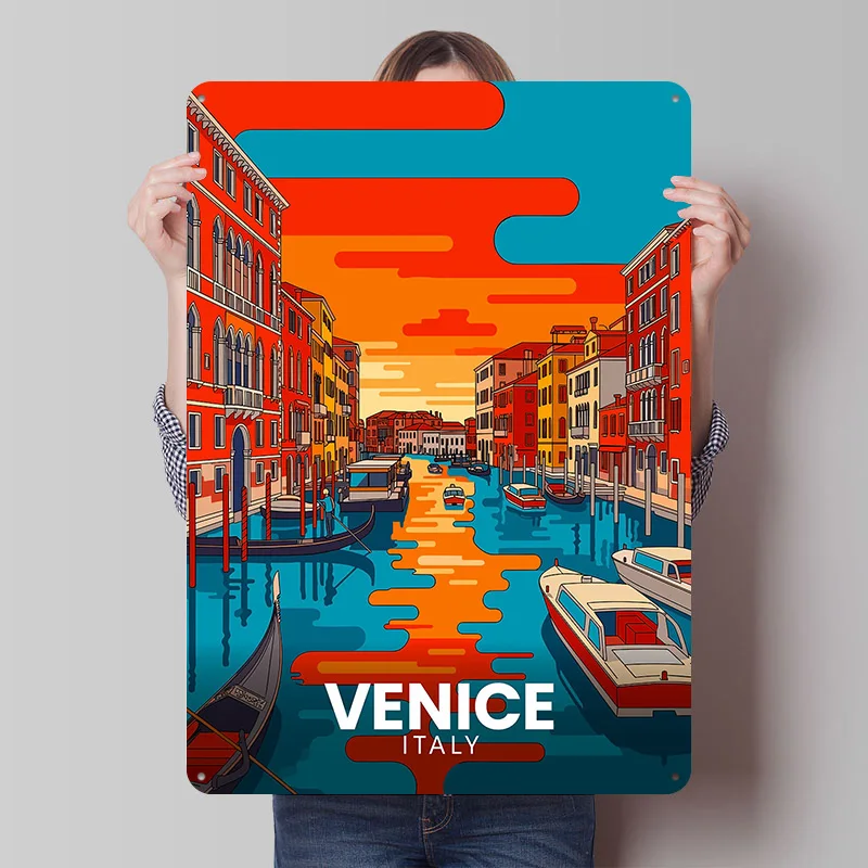 Venice Italy: Colorful Canal Travel Tinplate Poster Custom Wall Art Vintage Metal Signs Retro Tin Plaque for Home Decorations