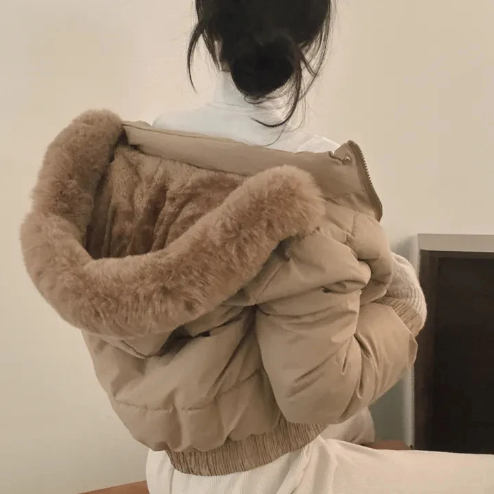 New Winter Warm Hooded Down Cotton Jacket Women Thickened Fleece Lining Big Fur Collar Long Sleeve Short Parkas Jacket Coat
