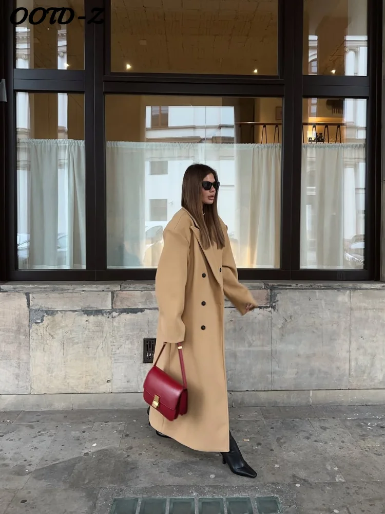 

Элегантное однотонное длинное пальто с v-образным вырезом, женское двубортное прямое пальто с городскими лацканами и длинными рукавами, осенне-зимняя женская верхняя одежда