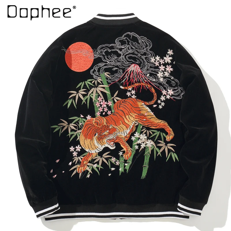 

Chinese Style Embroidered Baseball Jacket Personality Retro High-end Spring Autumn Patchwork Round Neck Loose Slim Men Jacket