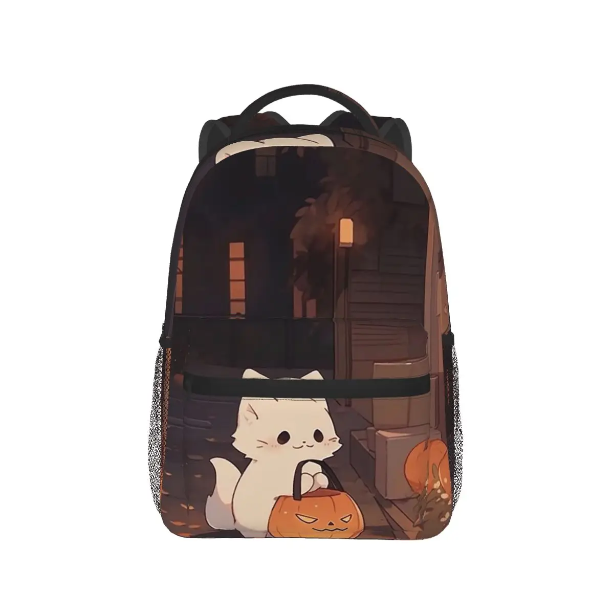 Kitten And Pumpkin Lantern Backpack Hot Sale Daypack Large Capacity Boys Girls BookBag School Bag Shoulder Bags for Men Women