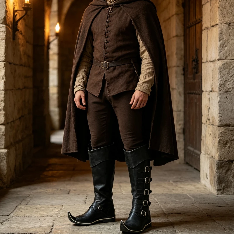 Men Medieval Pointed Toe High Black Multi Buckle Pirate Boots Renaissance Warrior Cosplay Footwear Party Costume Leather Shoes