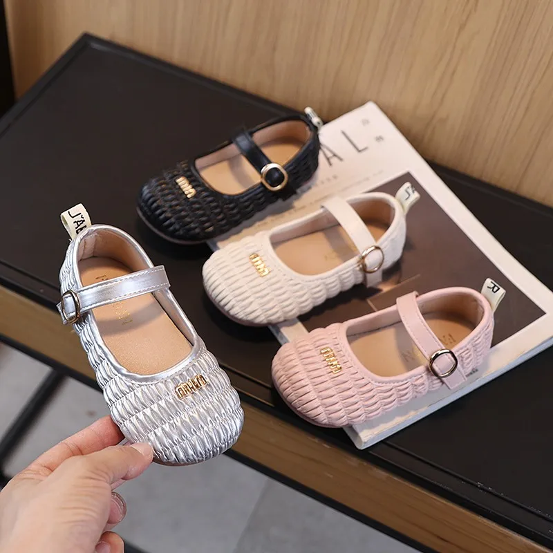 Spring Toddler Girls Mary Jane Shoes Pleated Design Kids Princess Dress Shoes Buckle Strap PU Leather Children Flat Shoes 21-30
