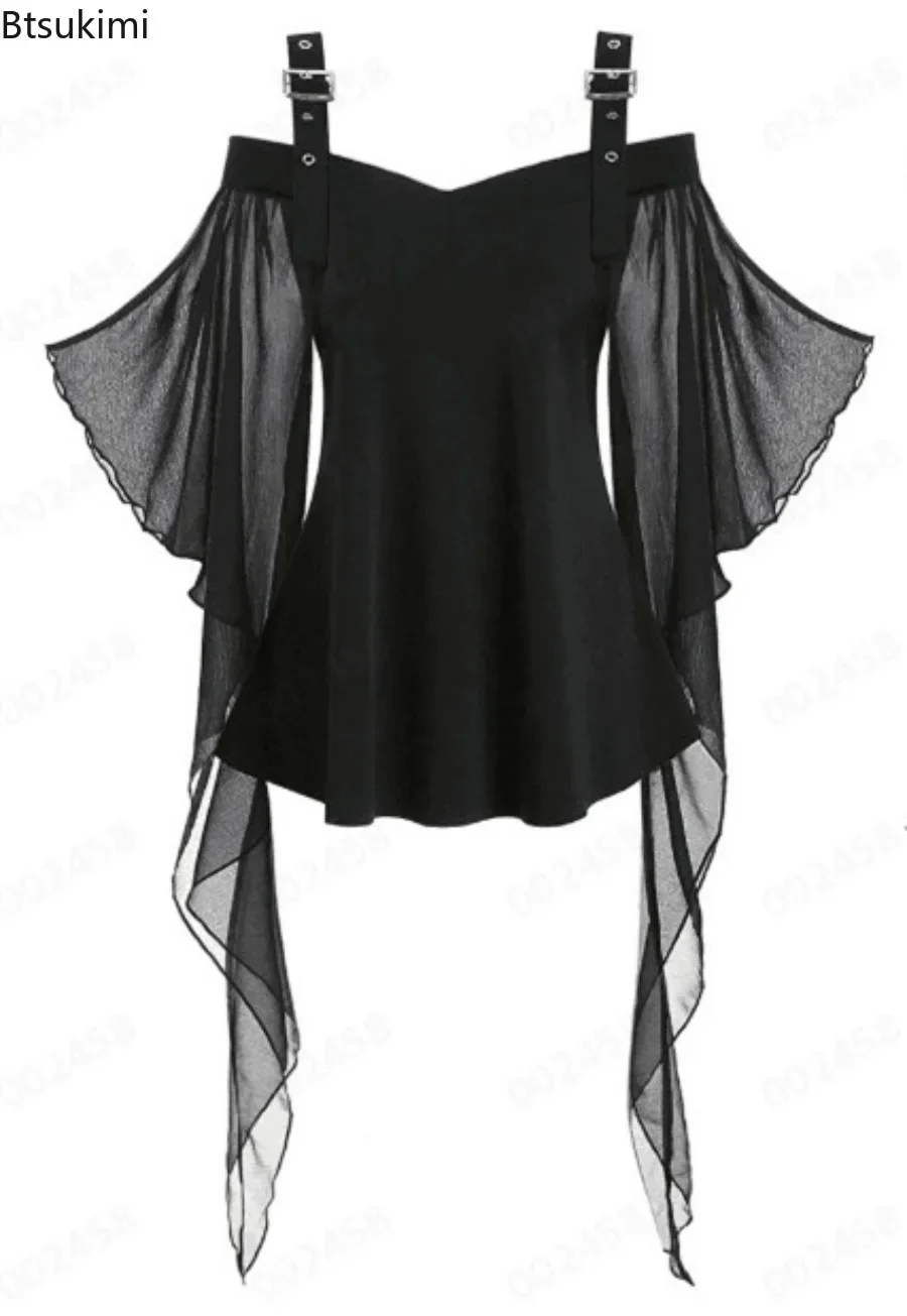 2026 Women's Halloween Camis Tops Cosplay Costumes Bat Sleeve Lace Adjustable Shoulder Strap Tops Personalized Gothic Style Tees