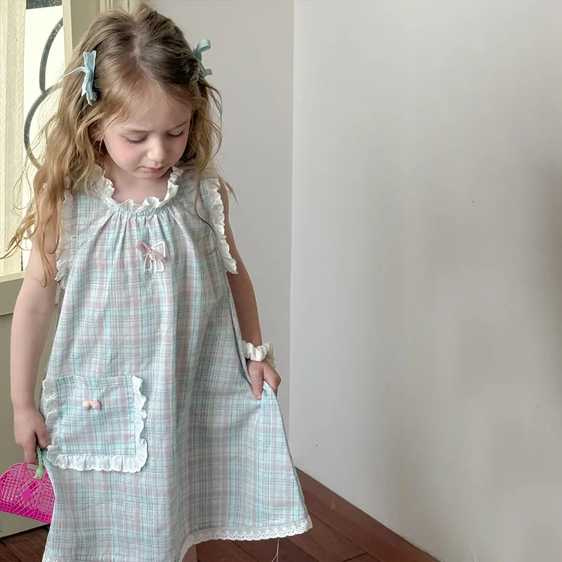 

2026 New Summer Kids Plaid Vest Dress Cute Japanese Style Girls Sleeveless Casual All Match Toddler Daily Party Dress