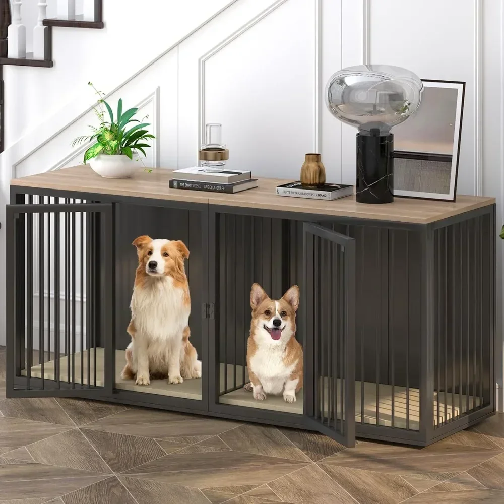 Large Dog Crate Furniture for 2 Dogs, 71.6'' Steel Frame Dog Crate with Double Doors, Heavy Sturdy Dog Kennel for all Dogs