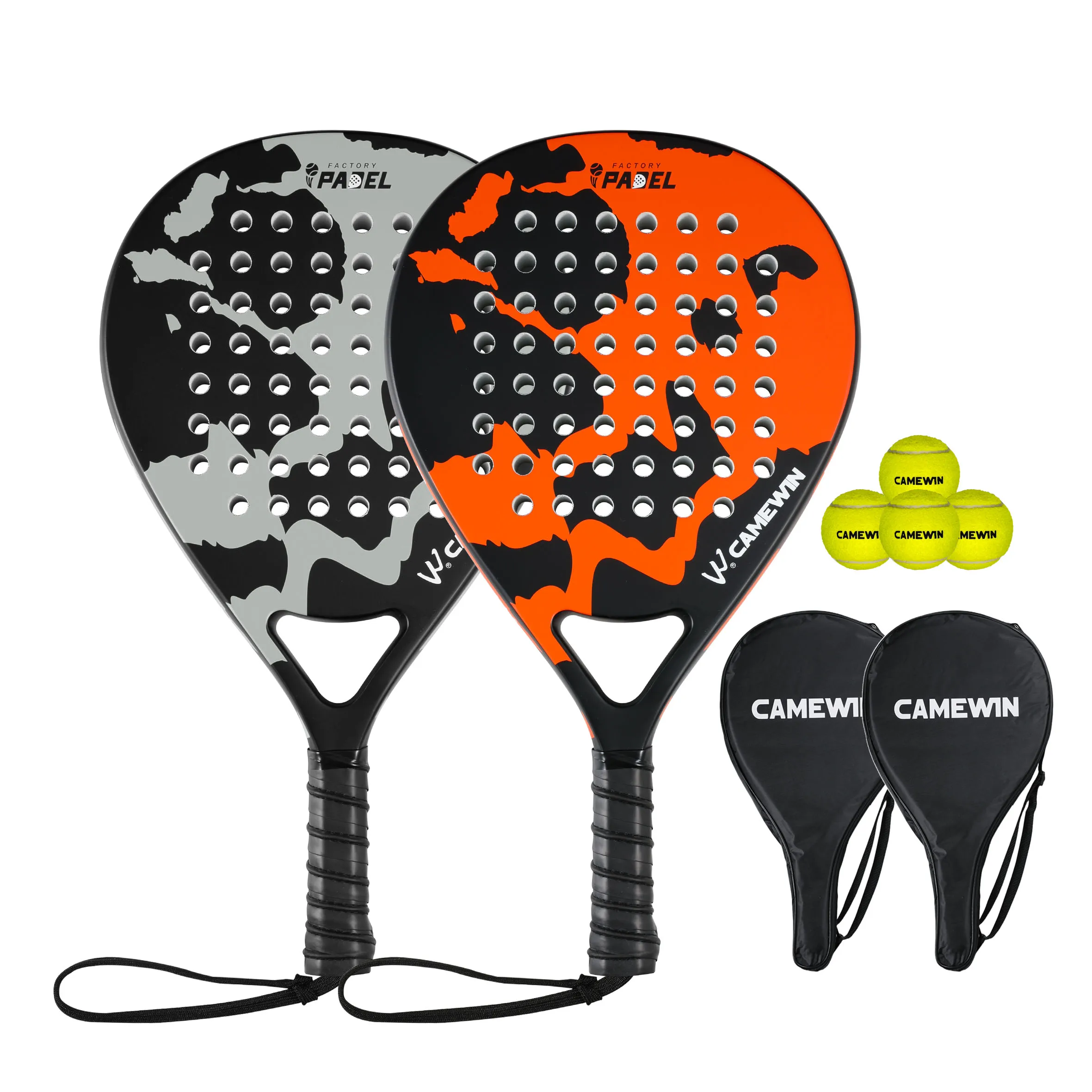 Camewin 2Pcs Paddle Rackets, 4 Balls and Protective Covers, Paddle Racket Kit Made of 100% Carbon Fiber and Flexible Eva Memory Foam Core