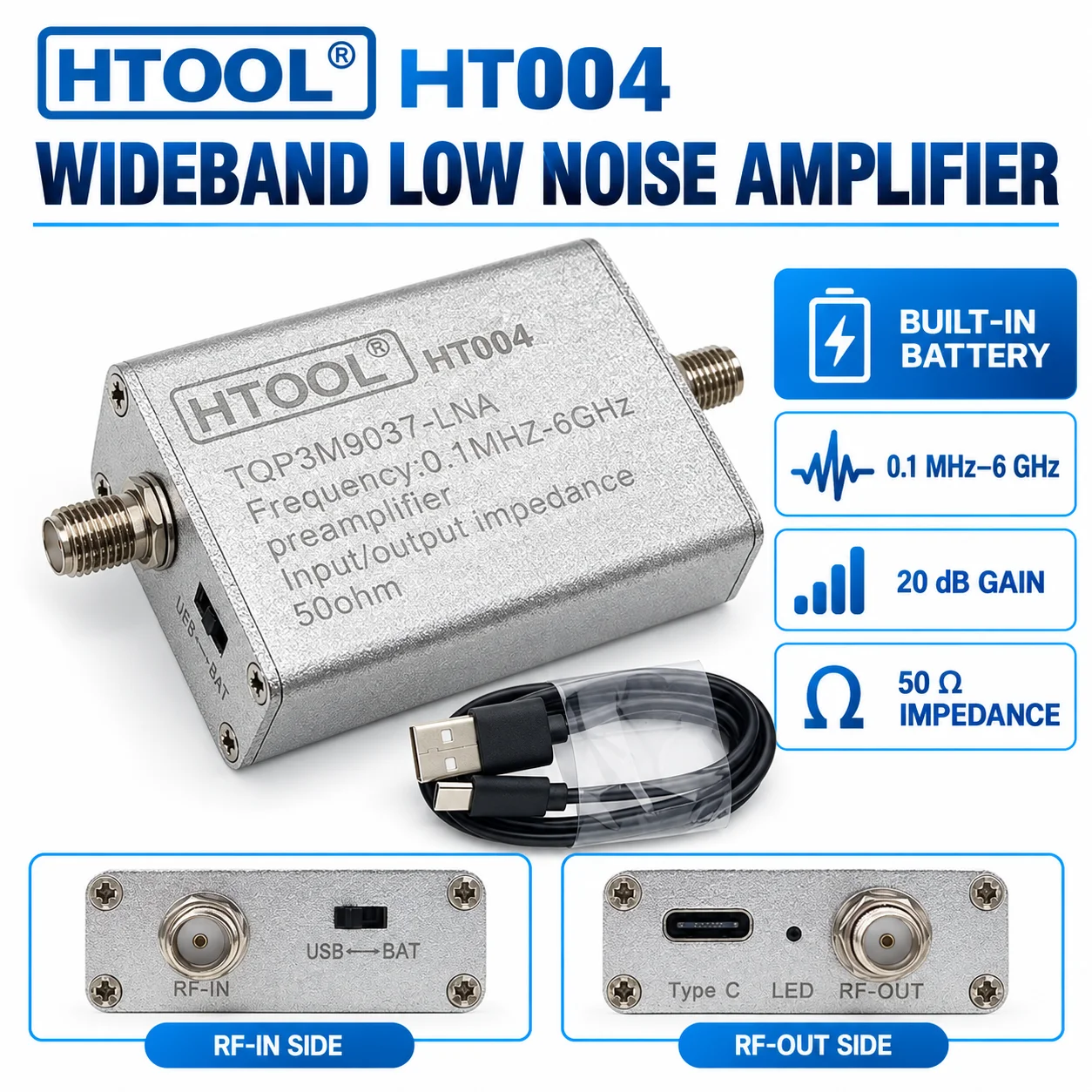 HTOOL Wideband Low Noise Amplifier, 100kHz to 6GHz, 20dB Gain, Built In Battery, Type C Charging