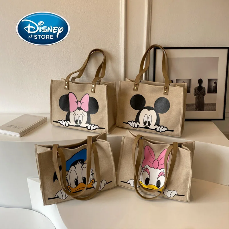 

Disney Mickey Minnie Printed Thickening Canvas Bag For Women Cartoon Mommy Handheld Bag Student Shoulder Shopping Tote Bags