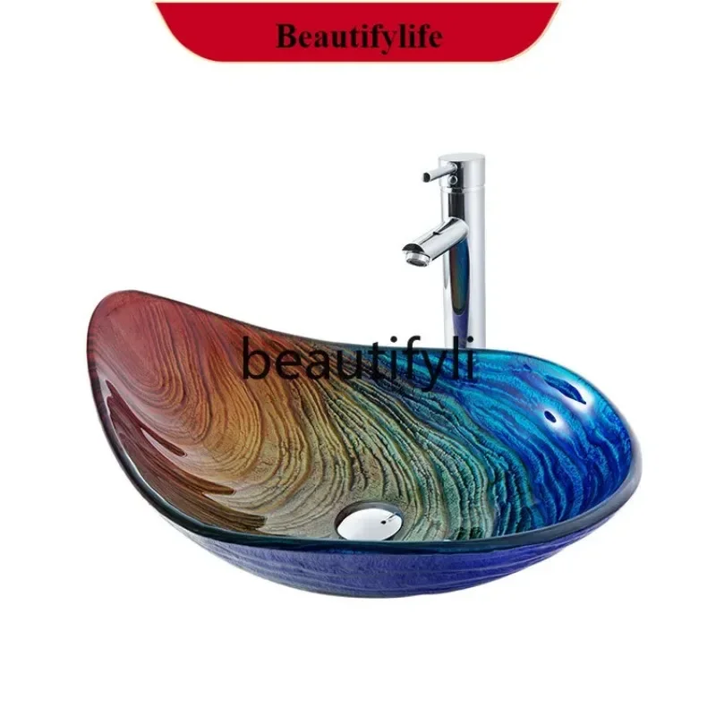 YL   Bathroom tempered gla wash basin Hotel creative art oval water drop platform basin B & B basin blue