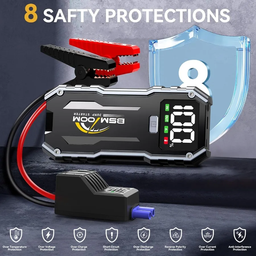 Avviatore di emergenza 7000A 26800mAh Batteria per avviamento di emergenza per auto con display a LED e luce LED integrata per tutti i gas e fino a 10,0 litri D