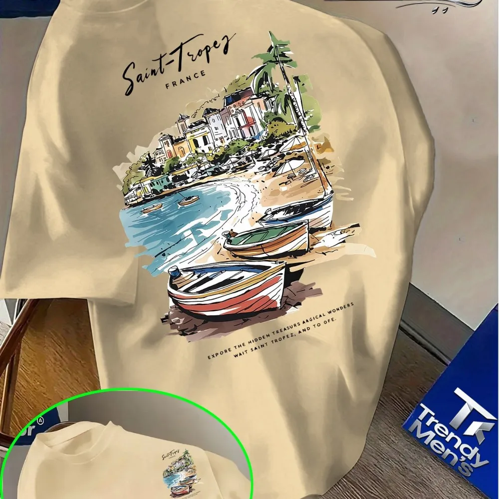 French-style Saint-Tropez seaside hand-painted print short-sleeve cotton top with 