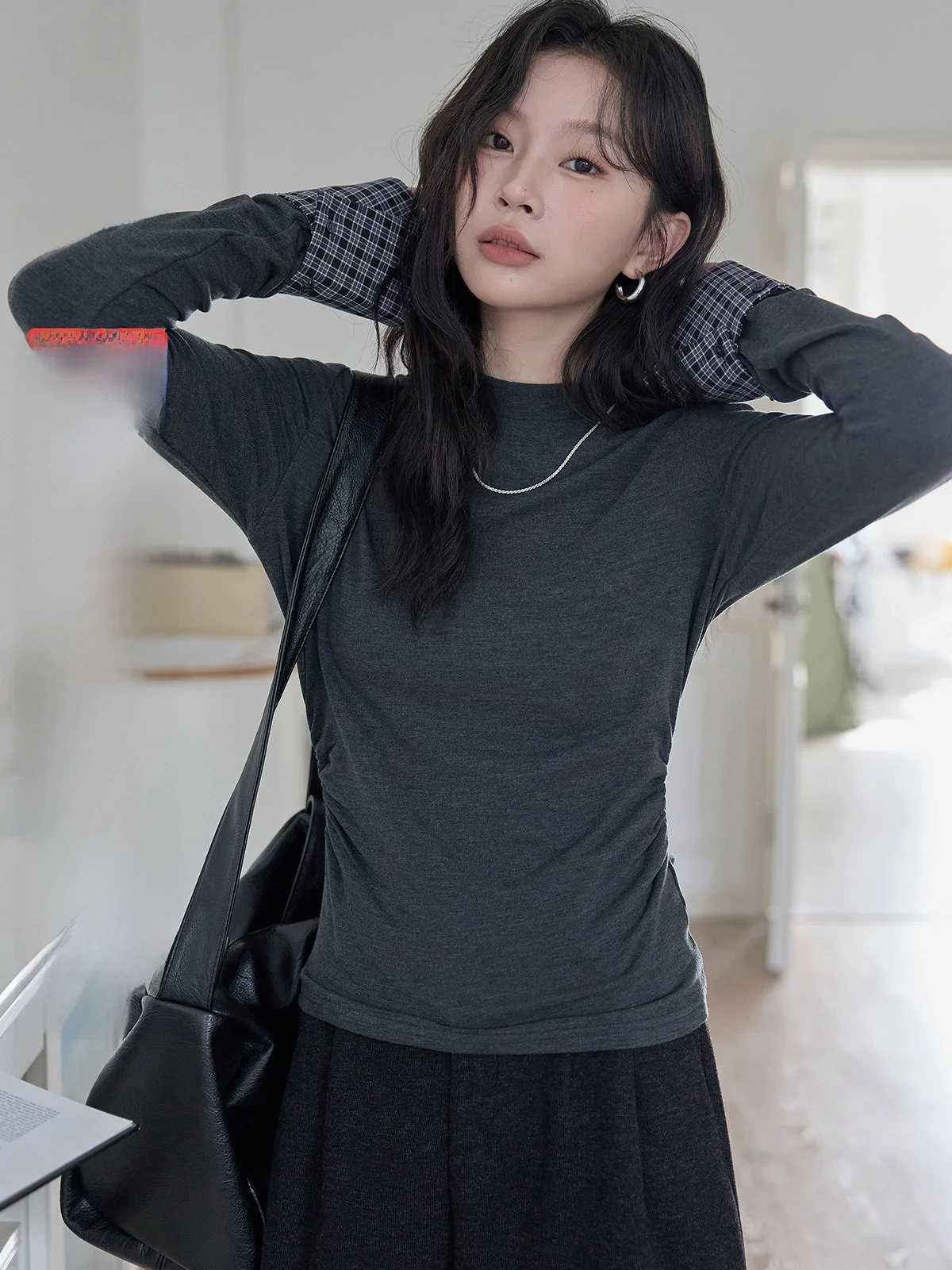 

Женский повседневный облегающий топ HuiXi Long Sve с круглым вырезом, лоскутный, базовый слой, для осенне-зимнего сезона