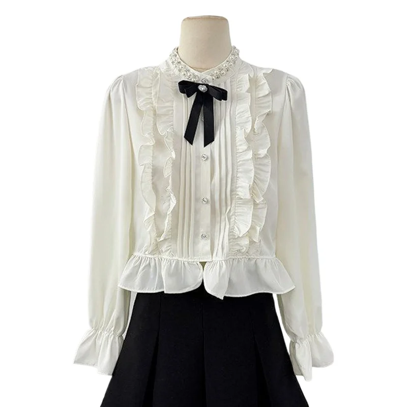 

White Beaded Bow Shirt for Women, 2026 New Style with Black Fungus Edge Shirt