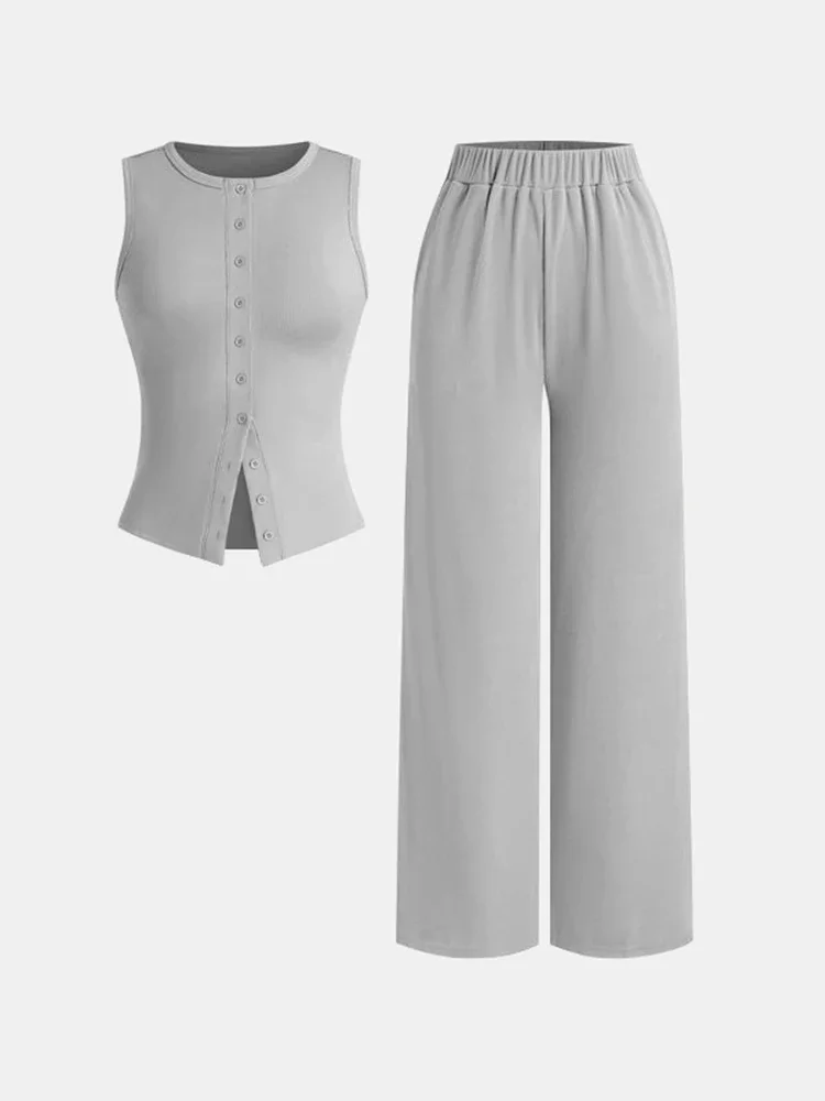 

Women's Summer Thin Button Ribbed Vest Wide Leg Pants Set, Women's Ice Sense Casual Pants Set