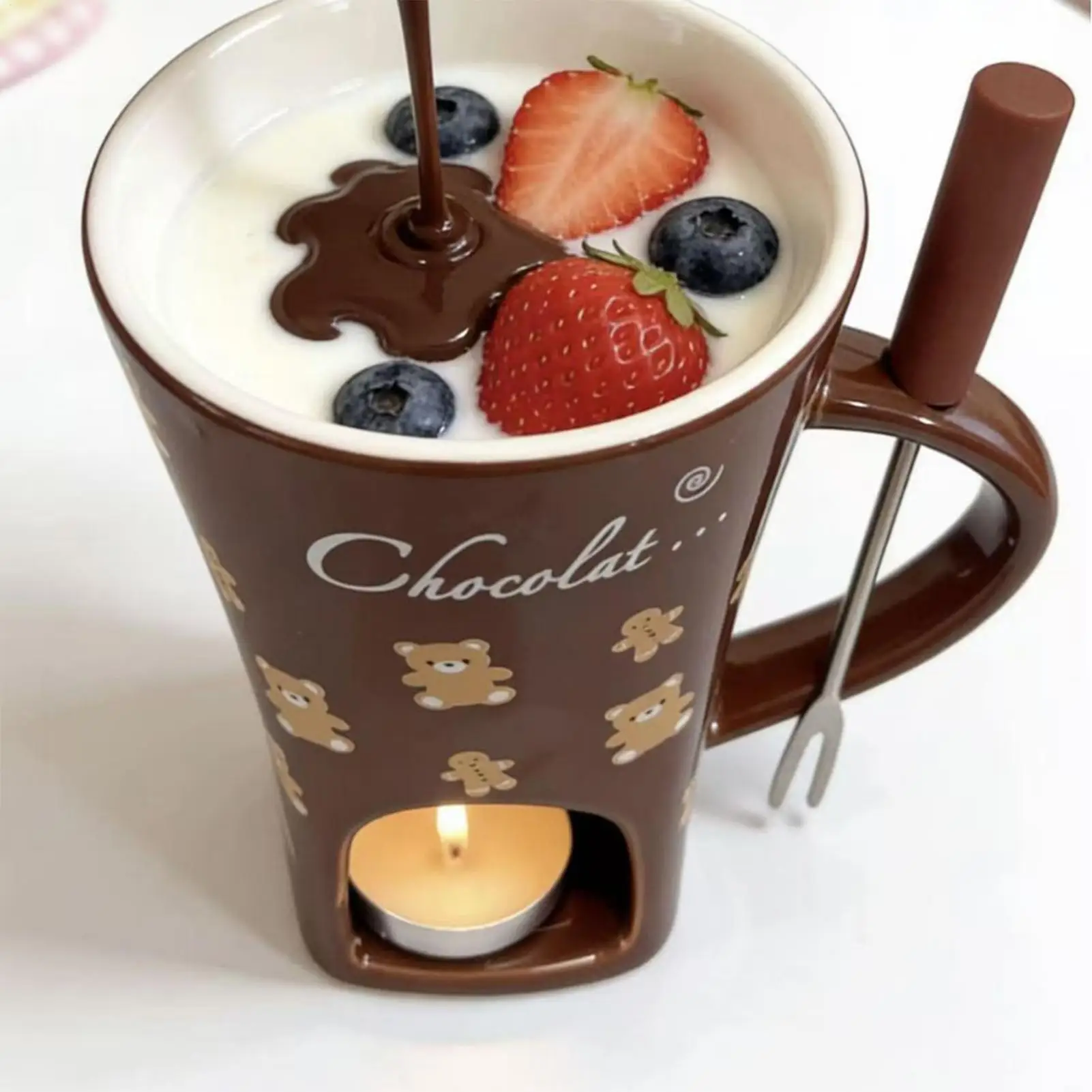 Taza para Derretir Chocolate de 130 ml, Taza de Cerámica Personal para Derretir Chocolate, Taza de Fondue con Tenedor para Fiestas de Cumpleaños, Fiestas Navideñas y Noches Familiares