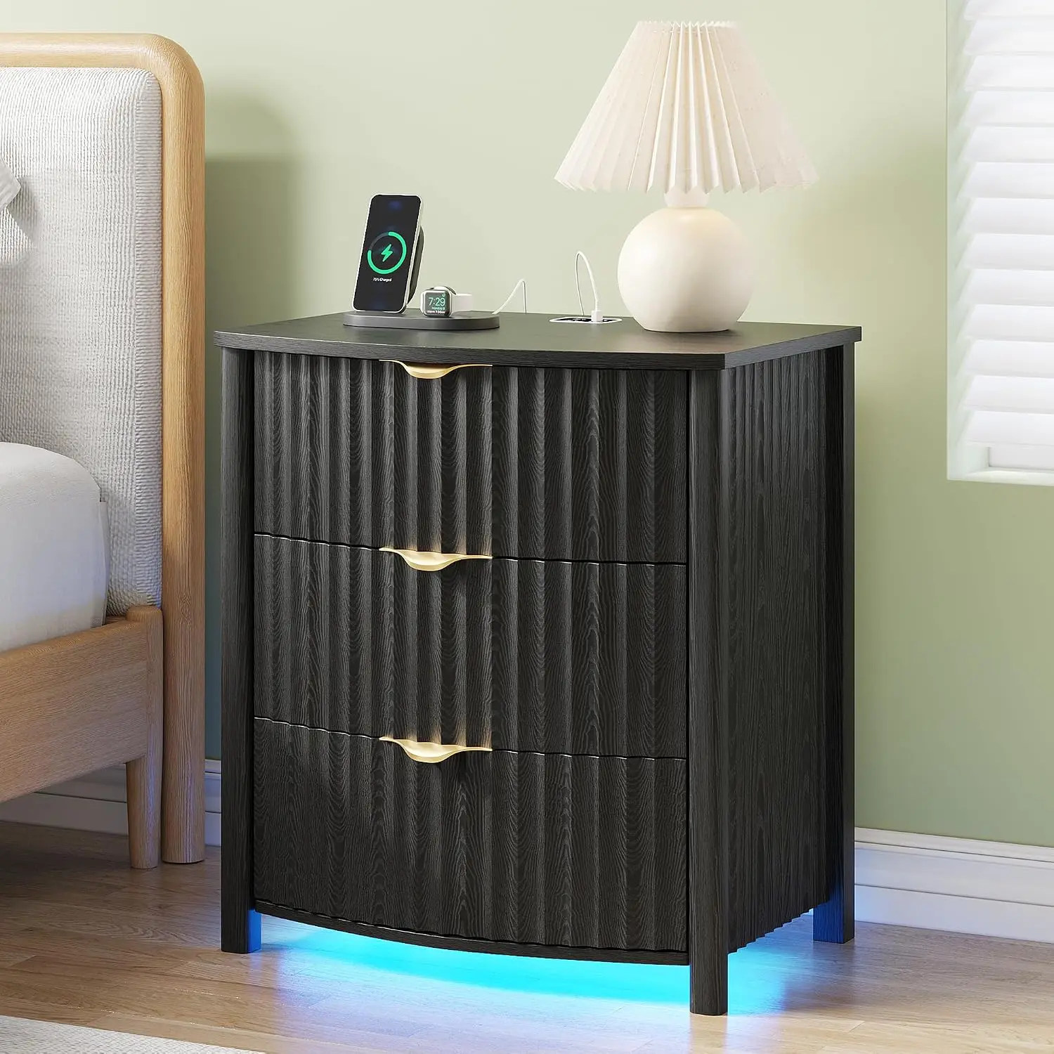 Fluted Nightstand with Hidden Lock Gun Drawer, LED Motion Sensor Light, USB & Type-C Charging Station, 3 Drawers, Customized