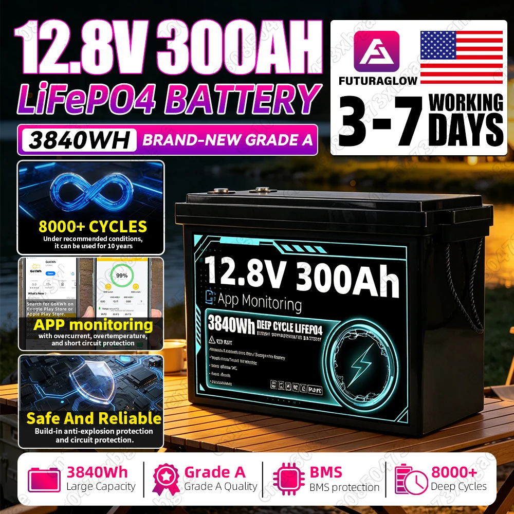 Brand New 12V 300Ah Lifepo4 Battery Pack Support Bluetooth APP Monitoring Grade A 12.8V Lithium Iron Phosphate Rechargeable Cells DIY 24V 300AH For RV EV Home Energy Storage System Campsite Power Supply equipment Fast Delivery