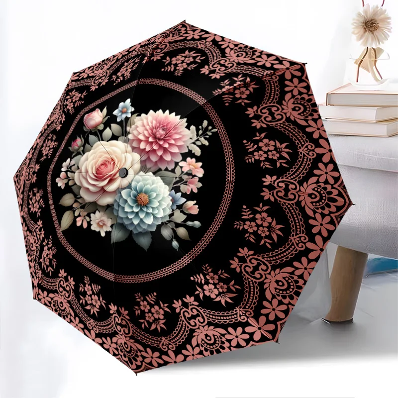 

Винтажный складной зонт с цветком, модный автоматически открывающийся дизайн, 8, железные ребрышки, пластиковая ручка, складной солнцезащитный козырек, идеальные подарки