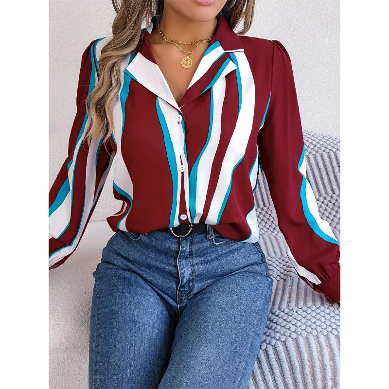 Women's Top Autumn and Winter New Fashion Splice Button Suit Collar Long Sleeve Temperament Versatile Commuting Stripe Shirt