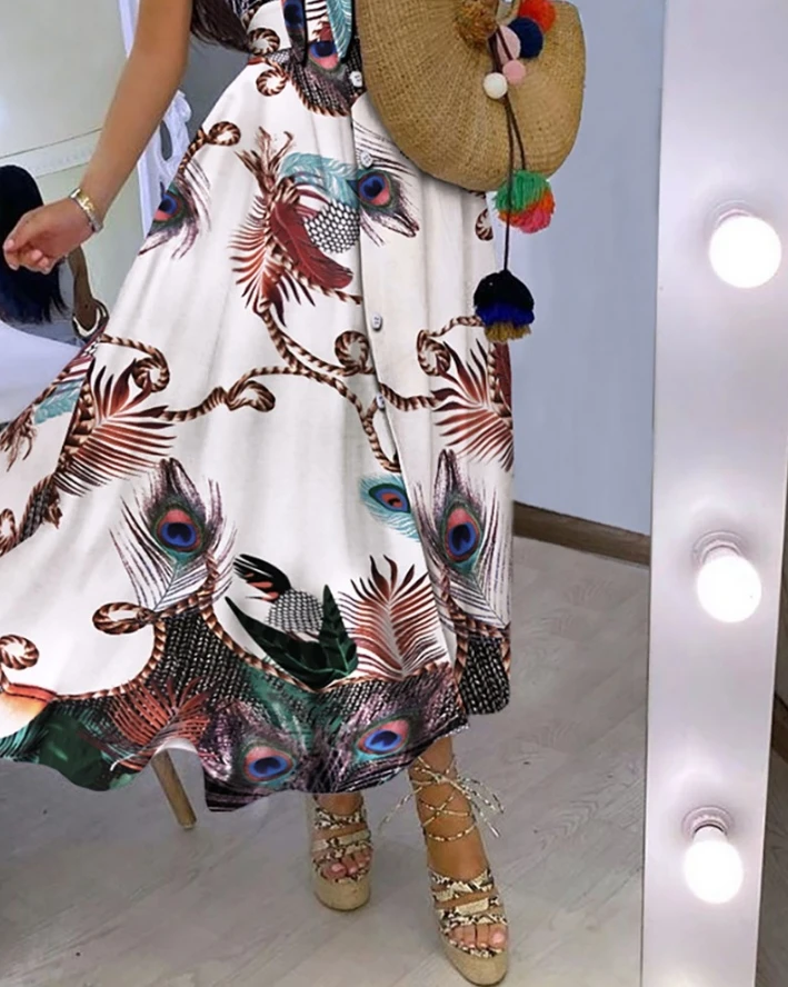 Women's Vacation Dress 2024 Spring/summer Latest V-Neck Spaghetti Strap Peacock Feather Print Button Knotted Front Maxi Skirt