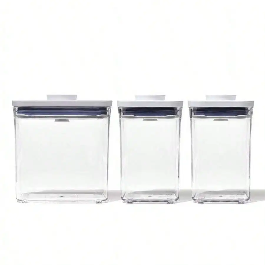 

Storage container set for kitchen pantry office home use durable plastic transparent with lid stackable and leak proof design