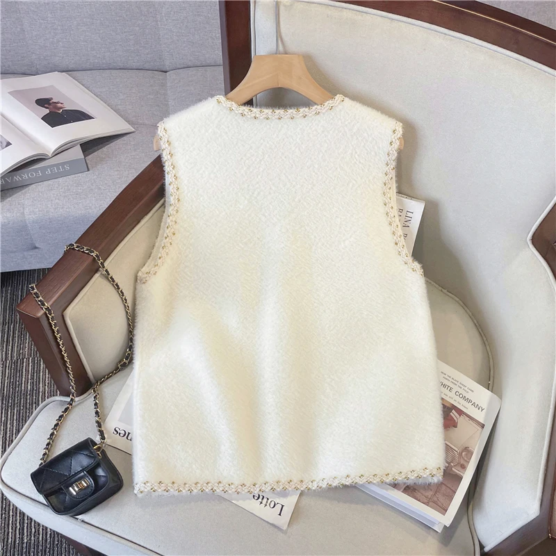 Mohair Knit Vest with Flap Pocket Pearl Button Gold Thread Brush Sleeveless Cardigan Sweater Women Fall Winter Classic Outfit