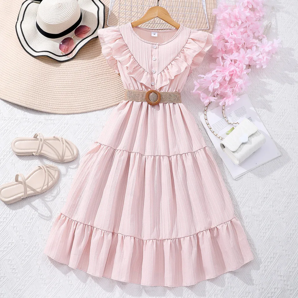 【Free Belt】Children Dress Teens Girls Clothing Short Sleeve 8 9 10 11 12 Years Summer Simple Graceful Ruffled Kids Girl Dress