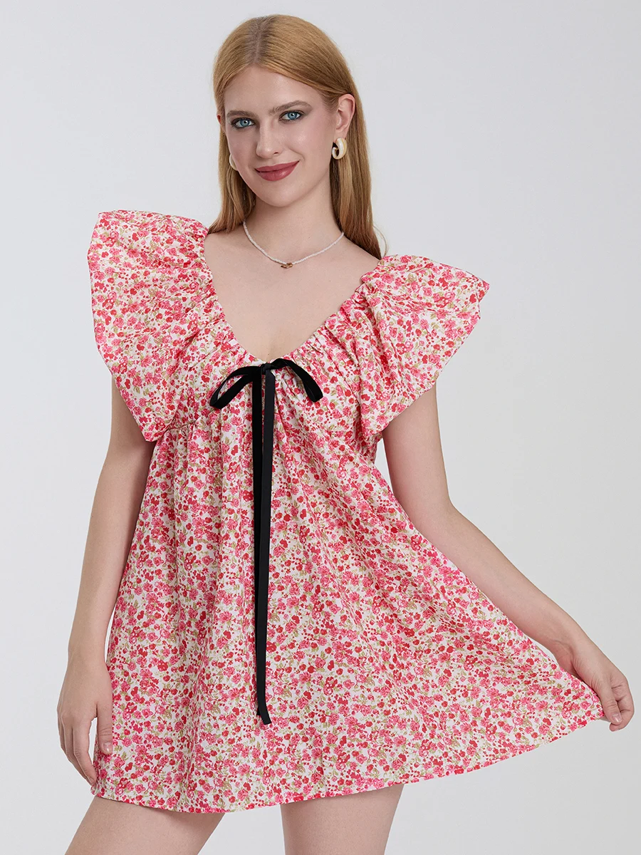 Mini robe imprimée à pois citron et fleurs pour femmes, manches volantes, nœud papillon, col en V, robe décontractée d'été, style de rue club, S, M, L, nouvelle mode