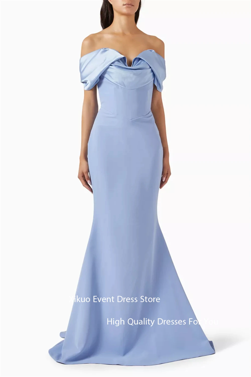Xikuo Anmutige Blaue Satin Abendkleider Meerjungfrau Weg Von Der Schulter Robe Cocktail Femmes Sommer Saudi Party Prom Kleider Angepasst